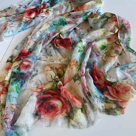 Flower Print Large Cotton Linen Blend Shawl Scarf Wraps 40"x69" - Picture 7 of 11